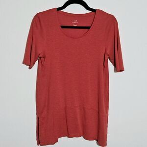 J Jill Pima Dipped Hem Tunic Top Sz S Cotton Knit Hibiscus Red 121771‎